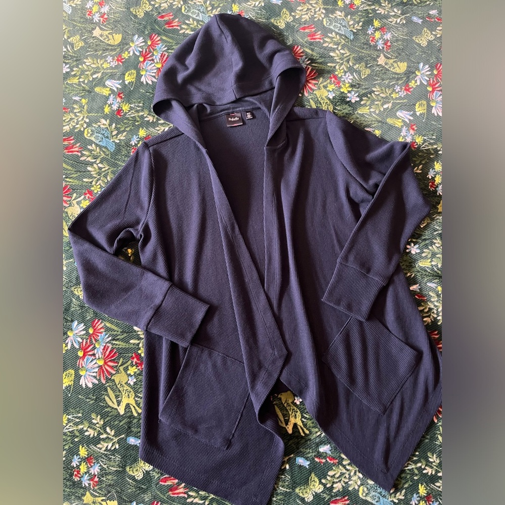 Rafaella Navy Blue Hooded Open-Front Waffle Knit Cardigan Size S